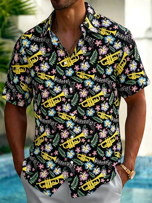 Adaychic Men's Hawaiian Trumpet Musical Notes Print Short Sleeve Shirt with Chest Pocket