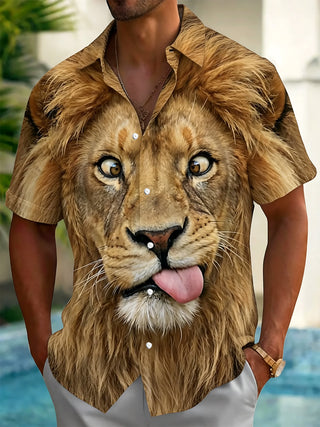 Adaychic Men's Graphic Animal Portrait Print Short Sleeve Shirt with Chest Pocket