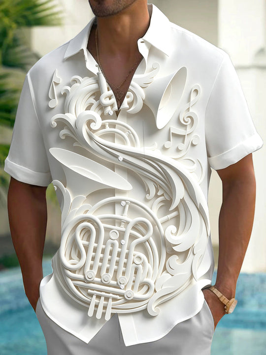 Adaychic Men's Printed 3D Relief Horn Print Short Sleeve Shirt with Chest Pocket