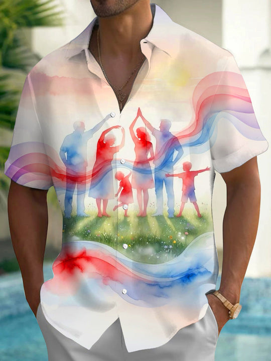 Adaychic Men's Printed Watercolor Family Silhouette Print Short Sleeve Shirt with Chest Pocket