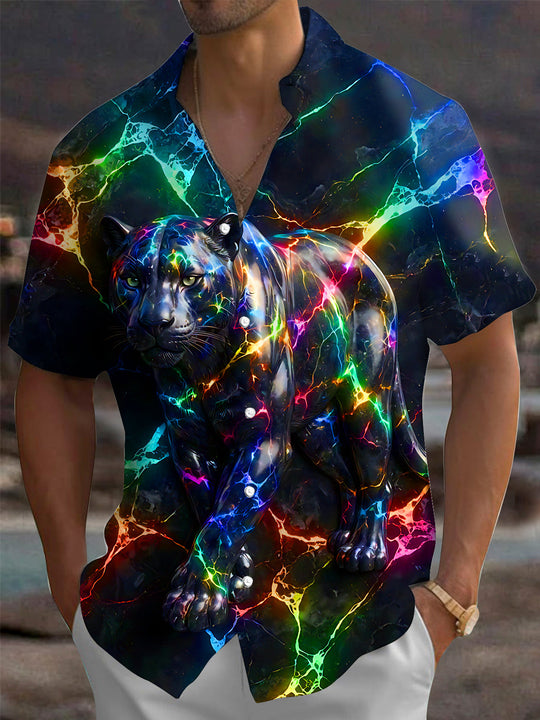 Adaychic Men's Graphic V-neck Print Short Sleeve Shirt with Chest Pocket