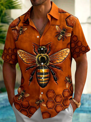 Adaychic Men's Printed Bee Print Honeycomb Pattern Short Sleeve Shirt with Chest Pocket