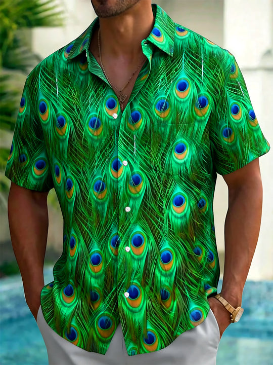 Adaychic Men's Tropical Peacock Feather Print Short Sleeve Shirt with Chest Pocket