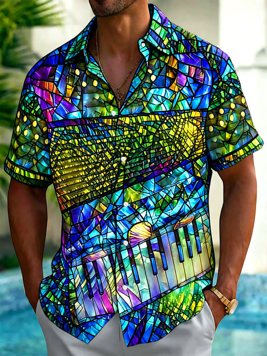 Adaychic Men's Printed Stained Glass Piano Print Short Sleeve Shirt with Chest Pocket