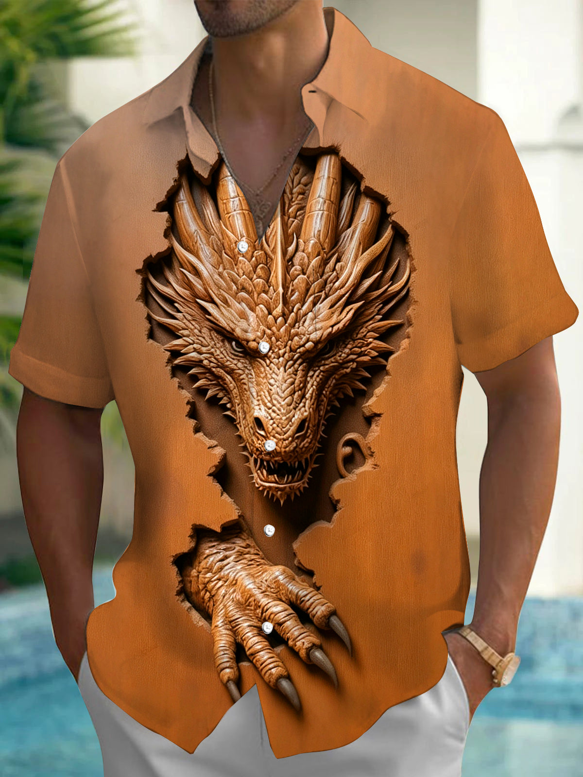 Adaychic Men's 3D 3D Dragon Burst Print Short Sleeve Shirt with Chest Pocket