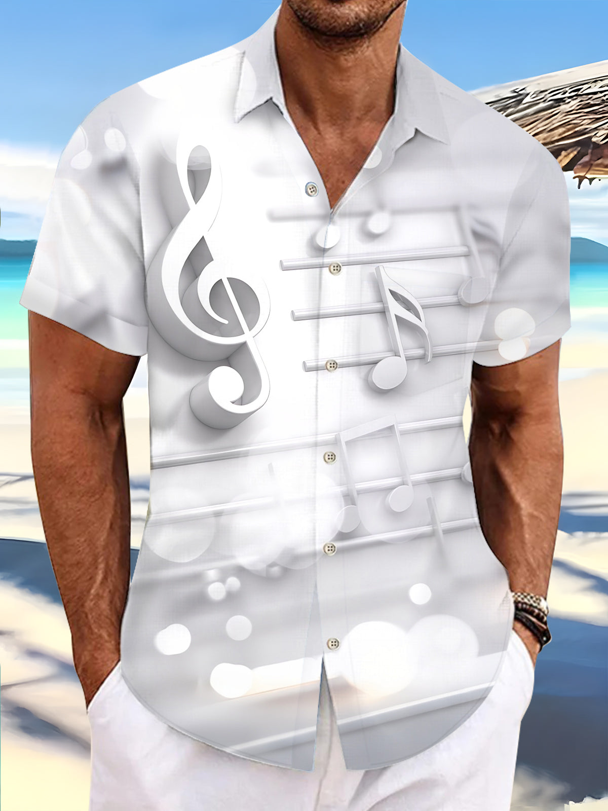 Adaychic Men's Printed Musical Notes Print Treble Clef Print Short Sleeve Shirt with Chest Pocket