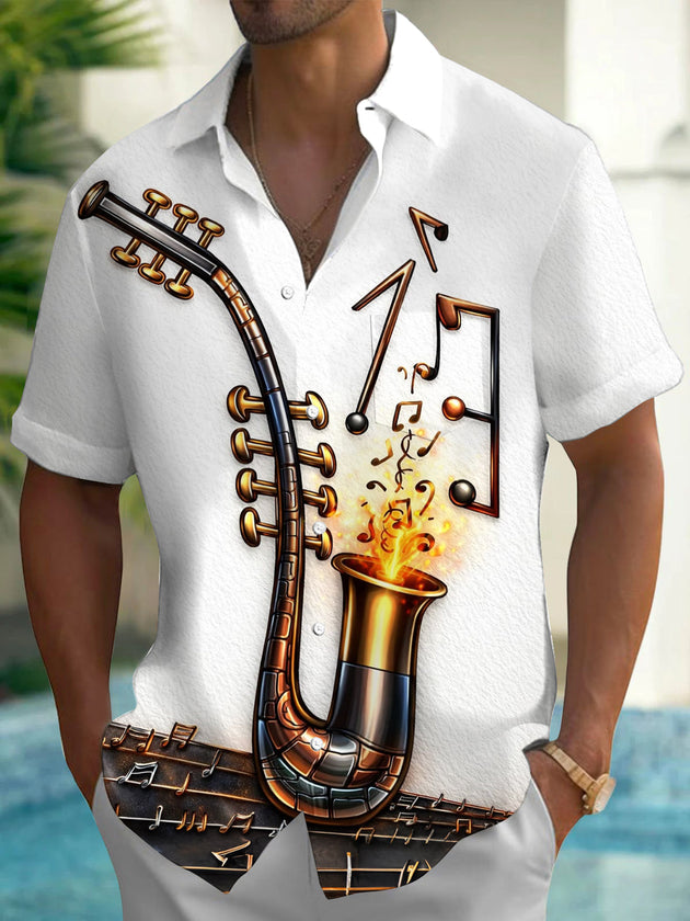 Adaychic Men's Graphic Saxophone Print Musical Notes Print Short Sleeve Shirt with Chest Pocket