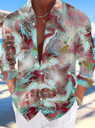 Adaychic Men's Printed Abstract Fluid Marble Print Long Sleeve Shirt with Chest Pocket