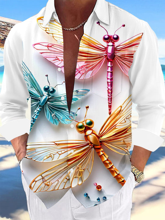 Adaychic Men's Graphic Metallic Dragonflies Print Long Sleeve Shirt with Chest Pocket
