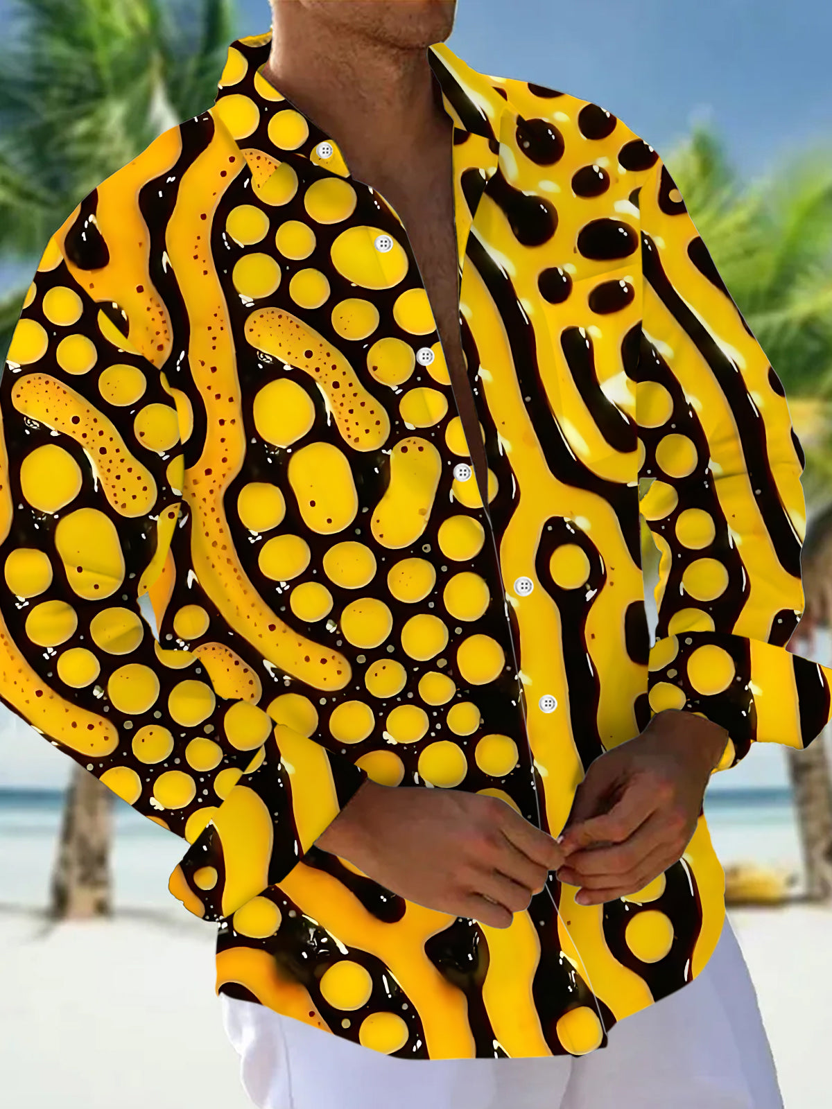 Adaychic Men's Abstract Yellow And Black Circles Print Long Sleeve Shirt with Chest Pocket