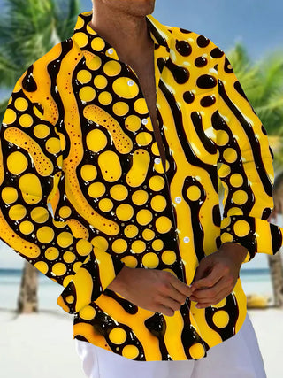 Adaychic Men's Abstract Yellow And Black Circles Print Long Sleeve Shirt with Chest Pocket
