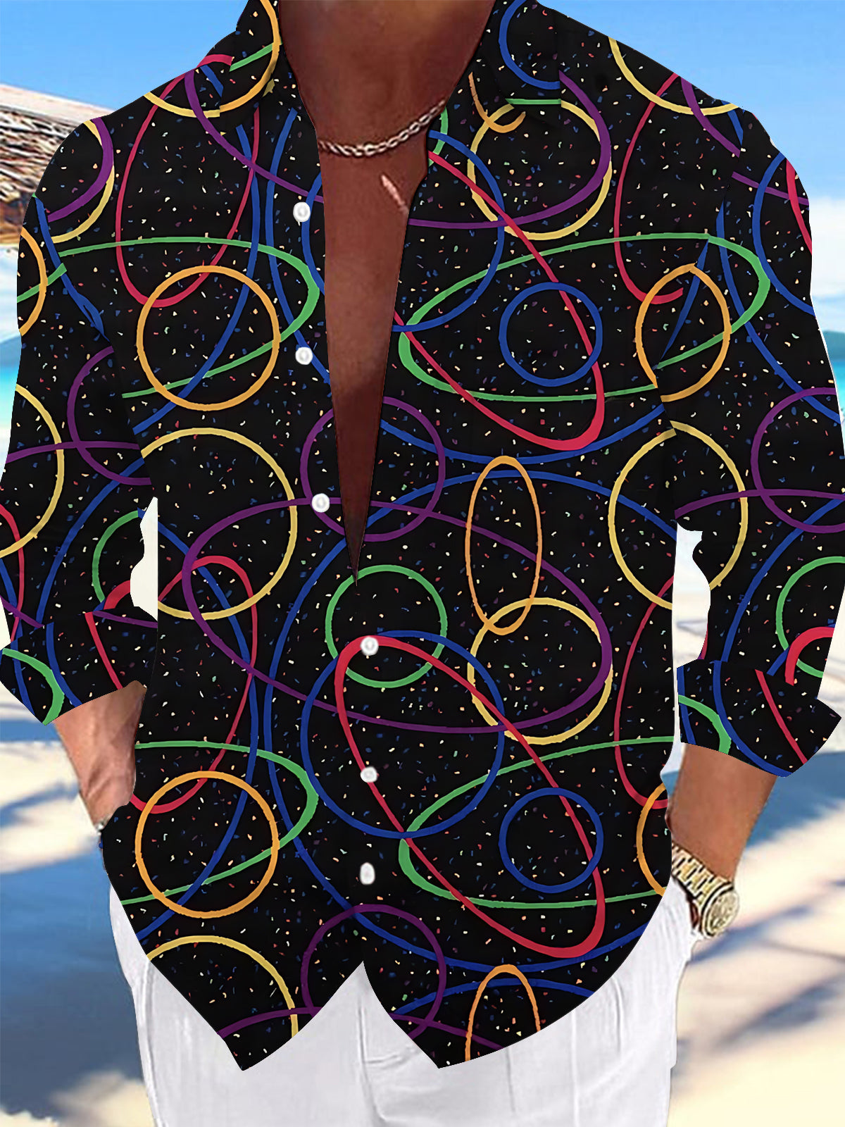 Adaychic Men's Printed Colorful Geometric Circles Print Long Sleeve Shirt with Chest Pocket