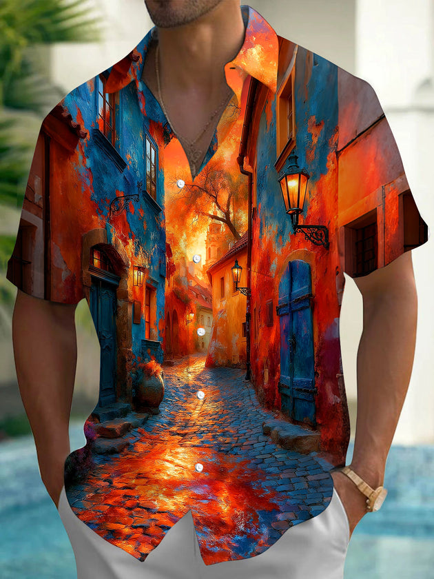 Adaychic Men's Vintage Style European Street Scene Print Short Sleeve Shirt with Chest Pocket