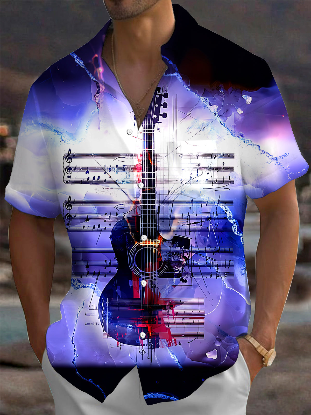 Adaychic Men's Graphic Guitar Print Musical Notes Print Short Sleeve Shirt with Chest Pocket
