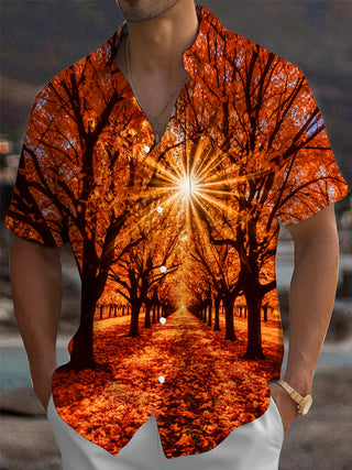Adaychic Men's Printed Autumn Forest Path Print Short Sleeve Shirt with Chest Pocket