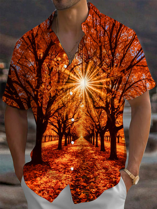 Adaychic Men's Printed Autumn Forest Path Print Short Sleeve Shirt with Chest Pocket