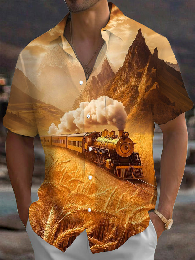 Adaychic Men's Vintage Style Vintage Steam Train Print Short Sleeve Shirt with Chest Pocket