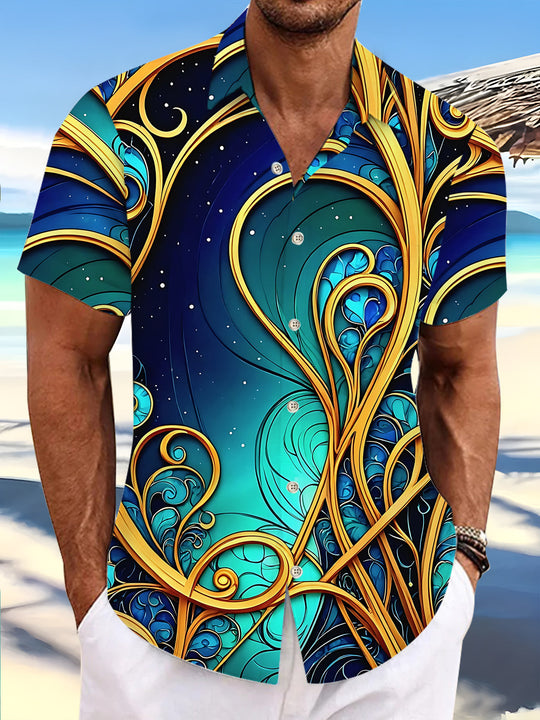 Adaychic Men's Printed Abstract Swirl Pattern Short Sleeve Shirt with Chest Pocket