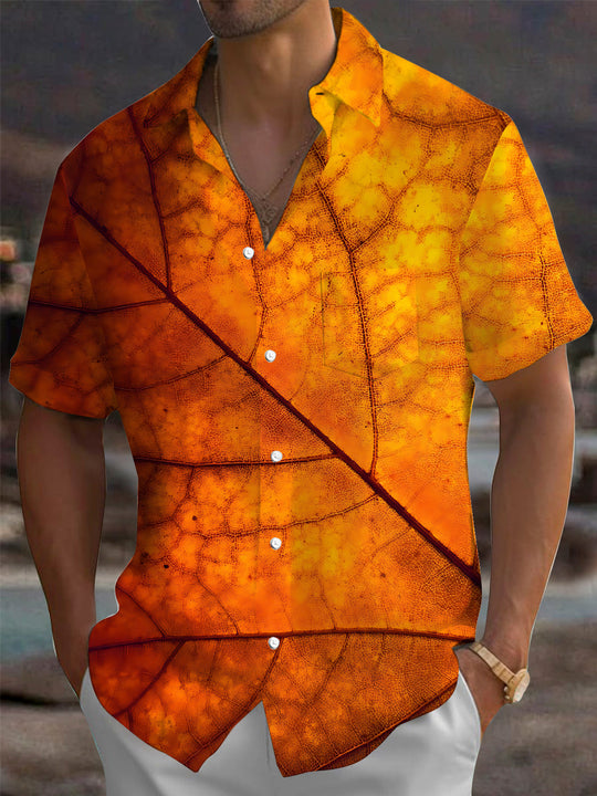 Adaychic Men's Printed Autumn Leaf Print Leaf Vein Pattern Short Sleeve Shirt with Chest Pocket