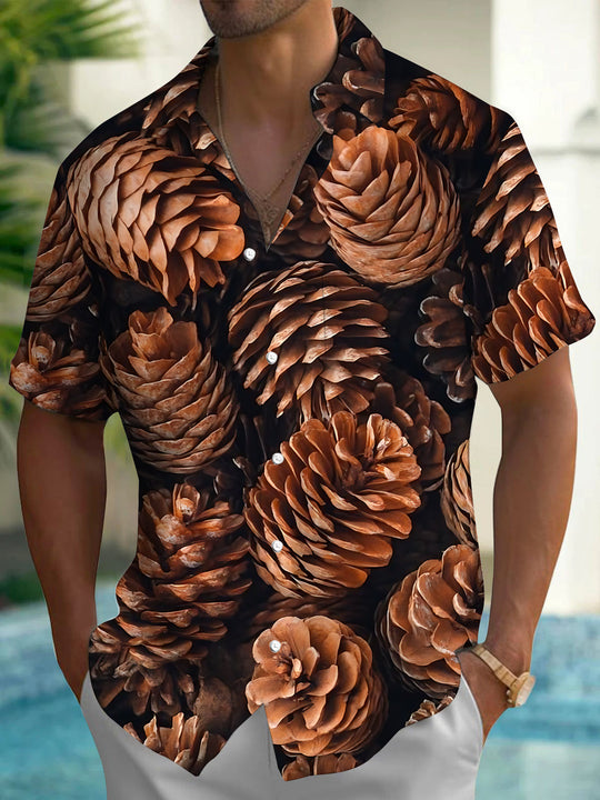 Adaychic Men's Hawaiian Pinecone Pattern Short Sleeve Shirt with Chest Pocket