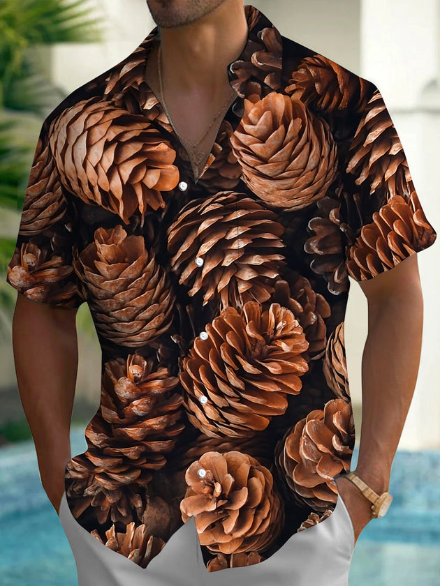 Adaychic Men's Hawaiian Pinecone Pattern Short Sleeve Shirt with Chest Pocket