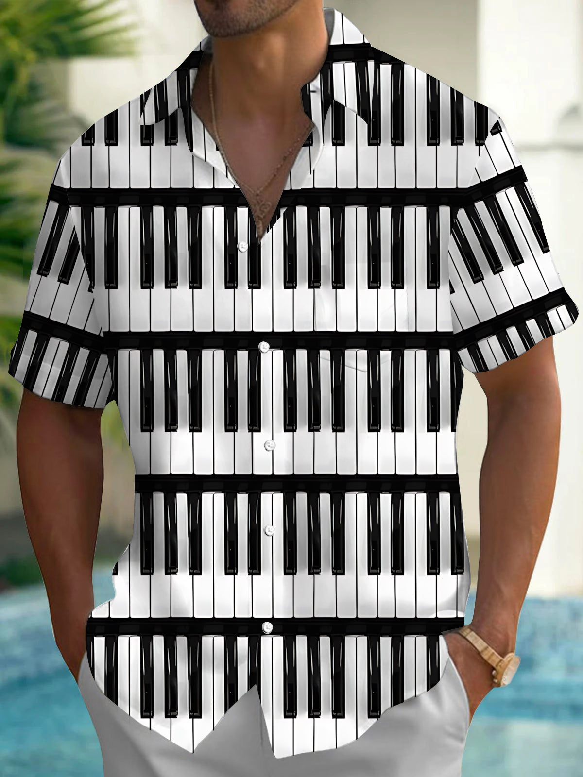 Adaychic Men's Graphic Piano Keyboard Print Short Sleeve Shirt with Chest Pocket