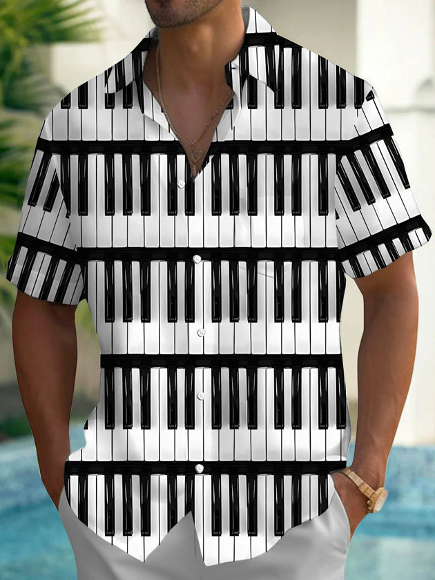 Adaychic Men's Graphic Piano Keyboard Print Short Sleeve Shirt with Chest Pocket