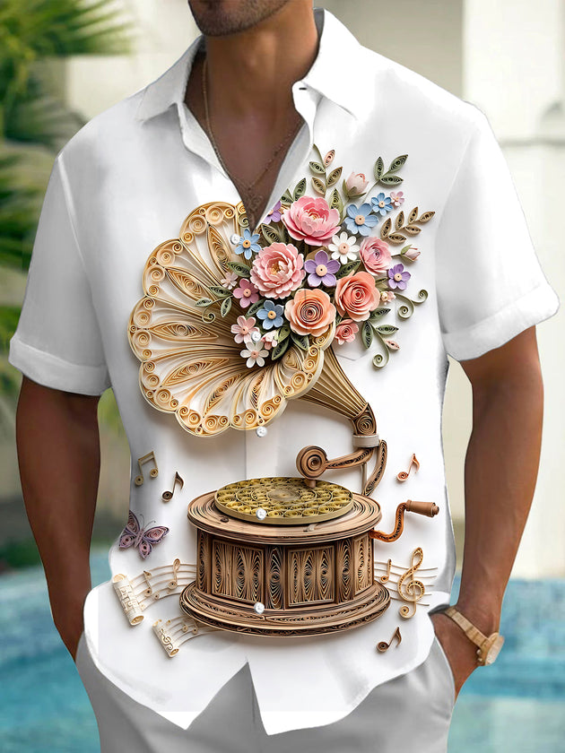 Adaychic Men's Vintage Style Quilled Gramophone Print Short Sleeve Shirt with Chest Pocket