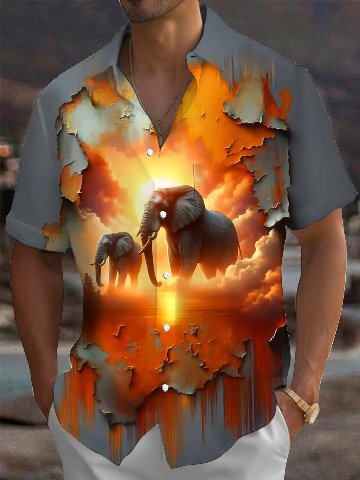 Adaychic Men's Printed Elephant Sunset Print Short Sleeve Shirt with Chest Pocket