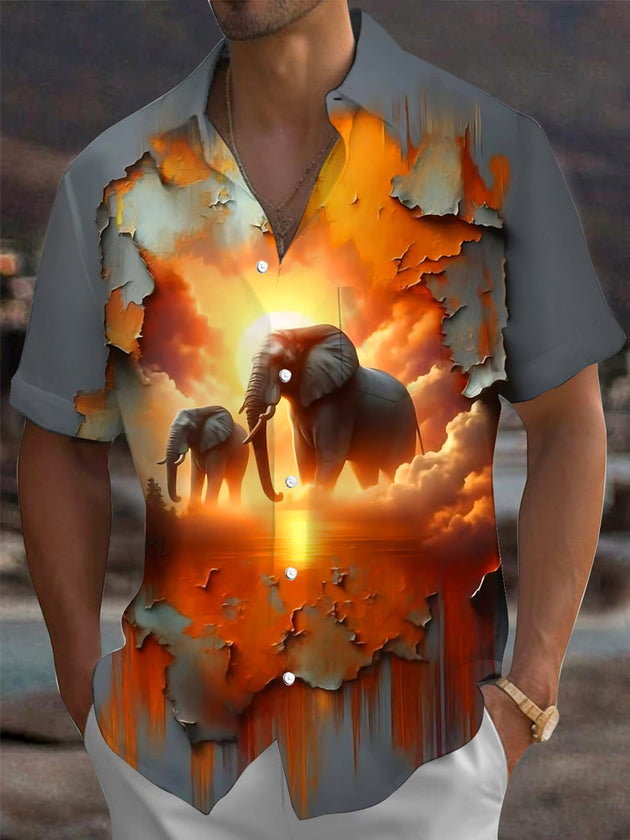 Adaychic Men's Printed Elephant Sunset Print Short Sleeve Shirt with Chest Pocket