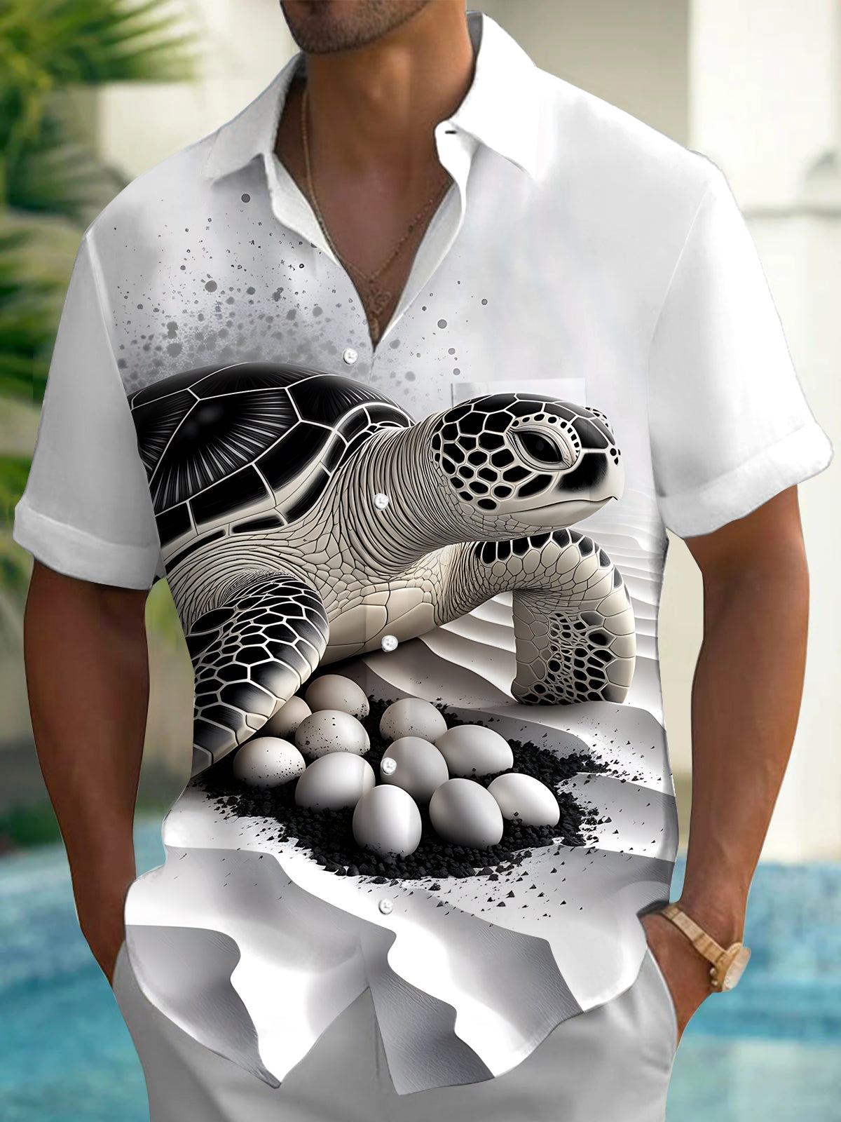 Adaychic Men's Graphic Sea Turtle Nesting Print Short Sleeve Shirt with Chest Pocket