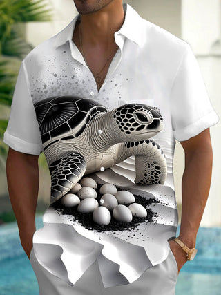 Adaychic Men's Graphic Sea Turtle Nesting Print Short Sleeve Shirt with Chest Pocket