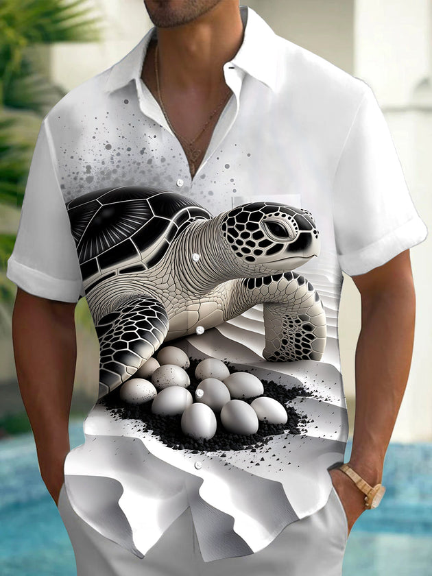Adaychic Men's Graphic Sea Turtle Nesting Print Short Sleeve Shirt with Chest Pocket