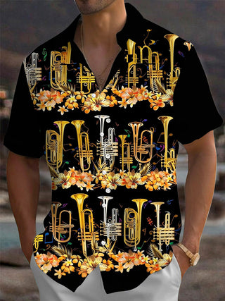 Adaychic Men's Hawaiian Brass Instruments Print Short Sleeve Shirt with Chest Pocket