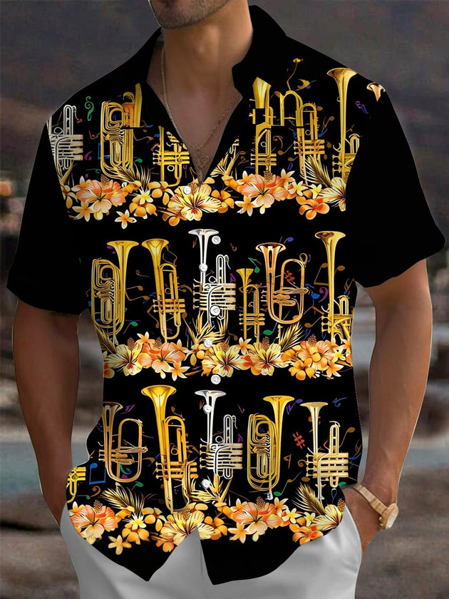 Adaychic Men's Hawaiian Brass Instruments Print Short Sleeve Shirt with Chest Pocket