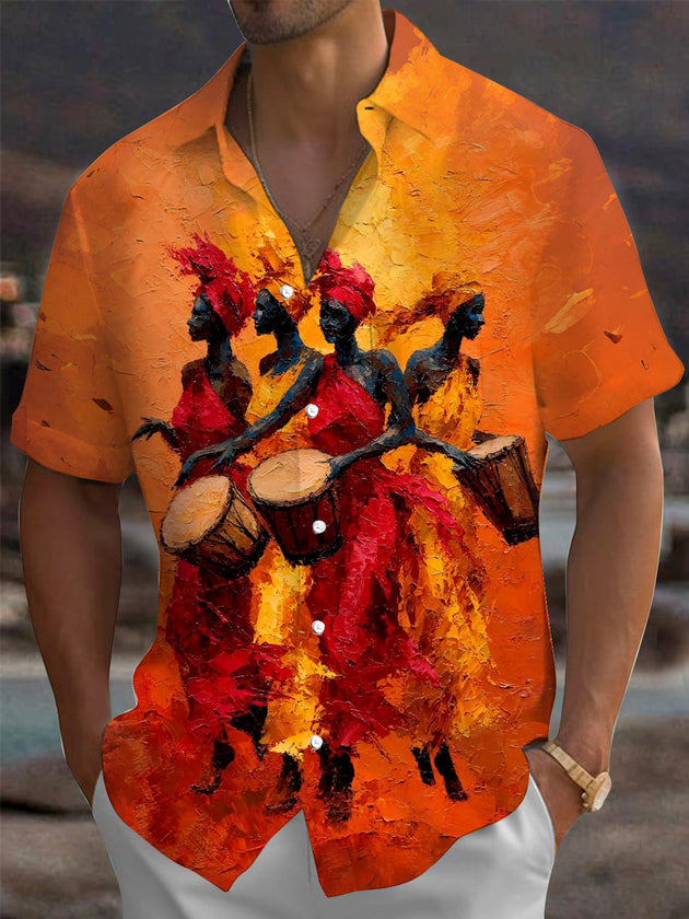 Adaychic Men's Graphic African Drum Players Print Short Sleeve Shirt with Chest Pocket