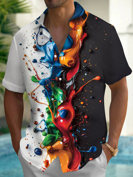 Adaychic Men's Printed Colorful Paint Splatter Print Short Sleeve Shirt with Chest Pocket