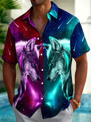 Adaychic Men's Graphic Wolf Head Print Starry Sky Print Short Sleeve Shirt with Chest Pocket