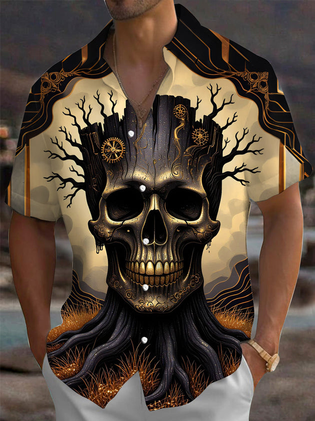 Adaychic Men's Graphic Skull Tree Print Short Sleeve Shirt with Chest Pocket