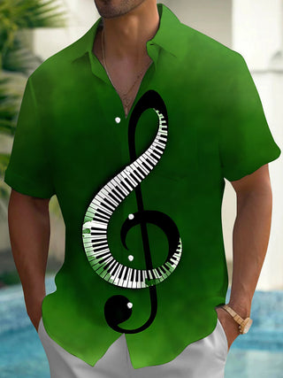 Adaychic Men's Graphic Piano Key Treble Clef Print Short Sleeve Shirt with Chest Pocket