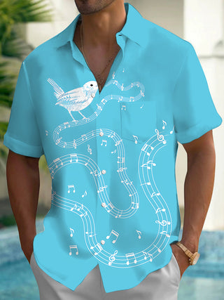 Adaychic Men's Hawaiian Bird On Musical Staff Print Short Sleeve Shirt with Chest Pocket