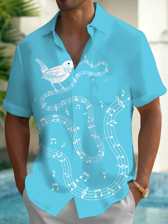 Adaychic Men's Hawaiian Bird On Musical Staff Print Short Sleeve Shirt with Chest Pocket
