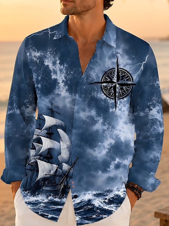 Adaychic Men's Vintage Style Sailing Ship Print Long Sleeve Shirt with Chest Pocket