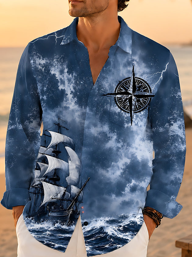 Adaychic Men's Vintage Style Sailing Ship Print Long Sleeve Shirt with Chest Pocket