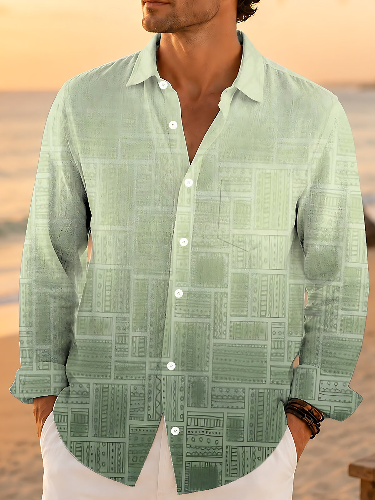 Adaychic Men's Patterned Geometric Gradient Squares Print Long Sleeve Shirt with Chest Pocket