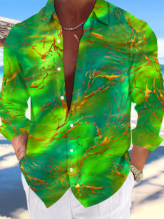 Adaychic Men's Printed Abstract Green And Orange Veins Print Long Sleeve Shirt with Chest Pocket