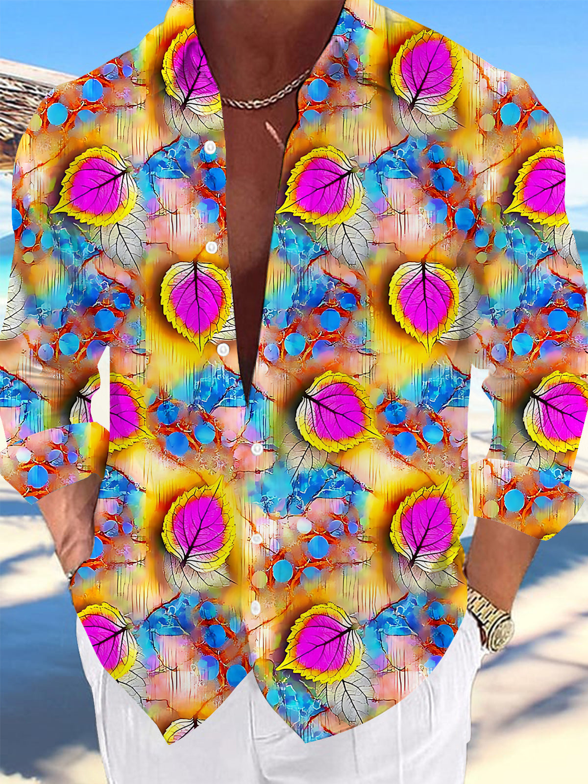 Adaychic Men's Hawaiian Colorful Leaf Pattern Long Sleeve Shirt with Chest Pocket