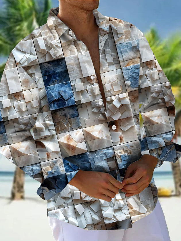 Adaychic Men's Patterned 3D Stone Blocks Print Long Sleeve Shirt with Chest Pocket