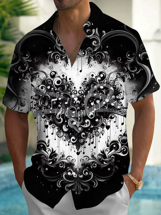 Adaychic Men's Graphic Music Notes Print Heart Swirls Print Short Sleeve Shirt with Chest Pocket