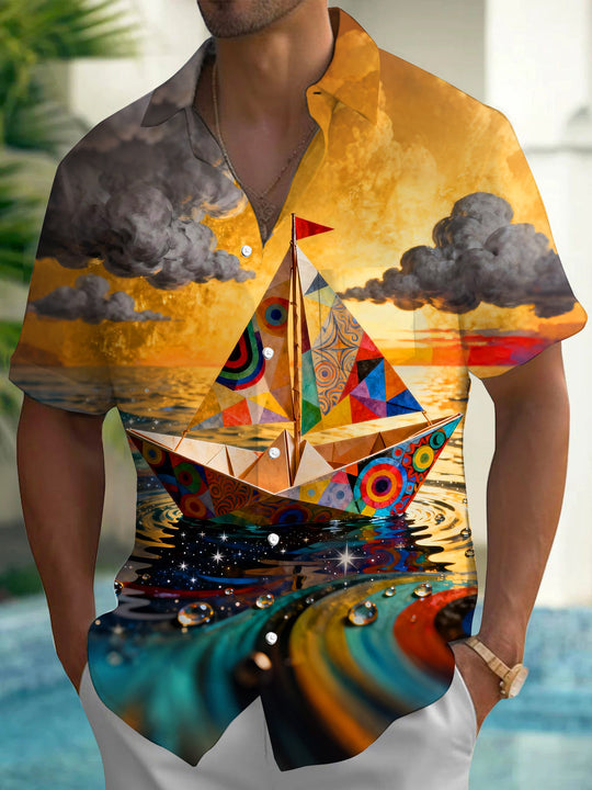 Adaychic Men's Graphic Paper Boat Sunset Print Short Sleeve Shirt with Chest Pocket